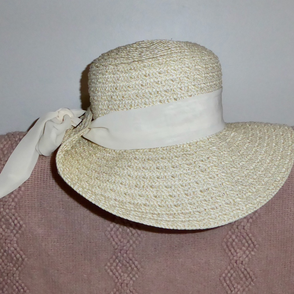 NINE WEST IVORY SUN HAT SCARF BOW FOLDED BACK FLOPPY FLIP UP O/S CREAM PACKABLE
